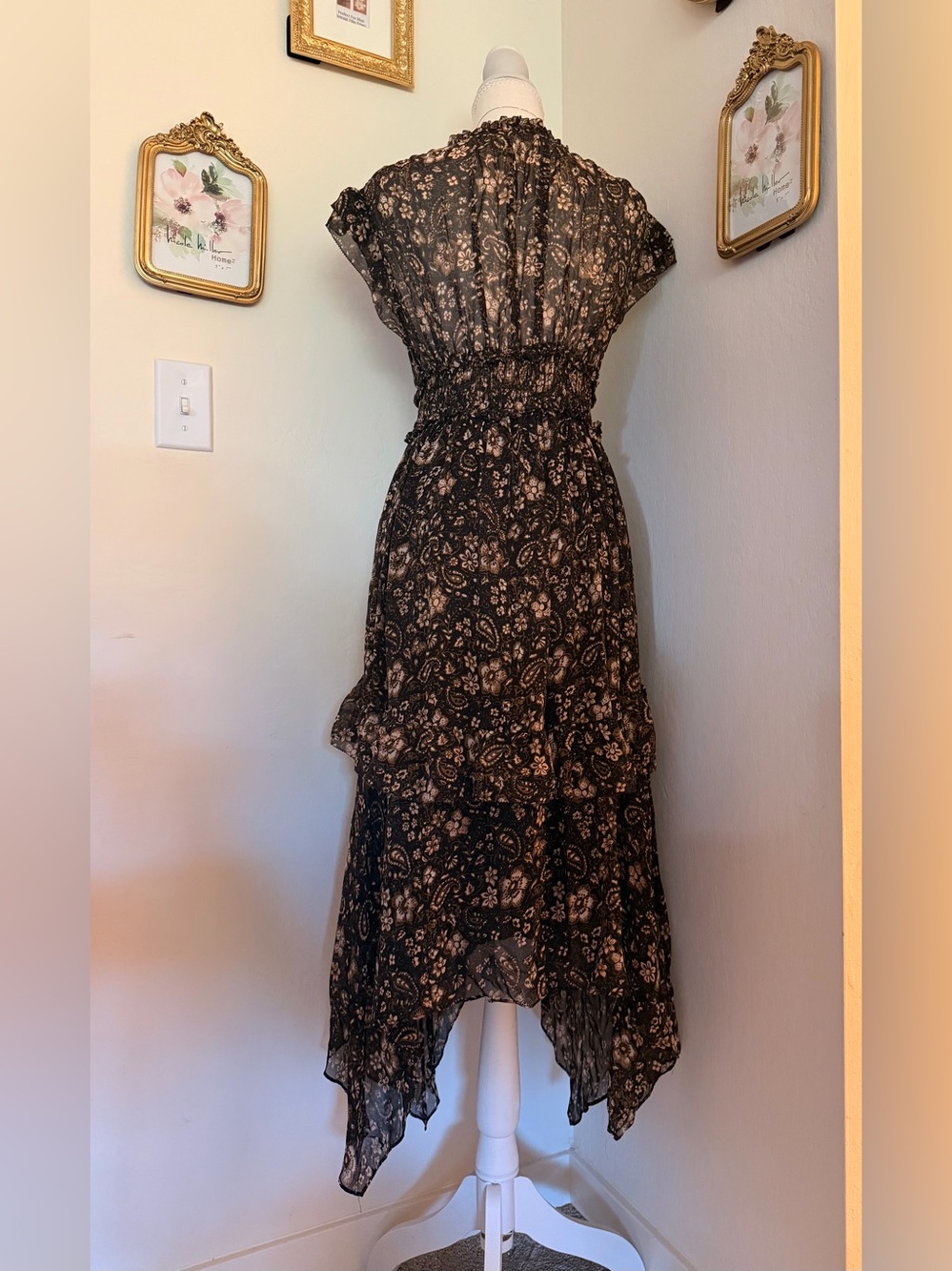Ulla Johnson Black Floral Asymmetrical Midi Dress 100% Silk - Picture 6 of 12